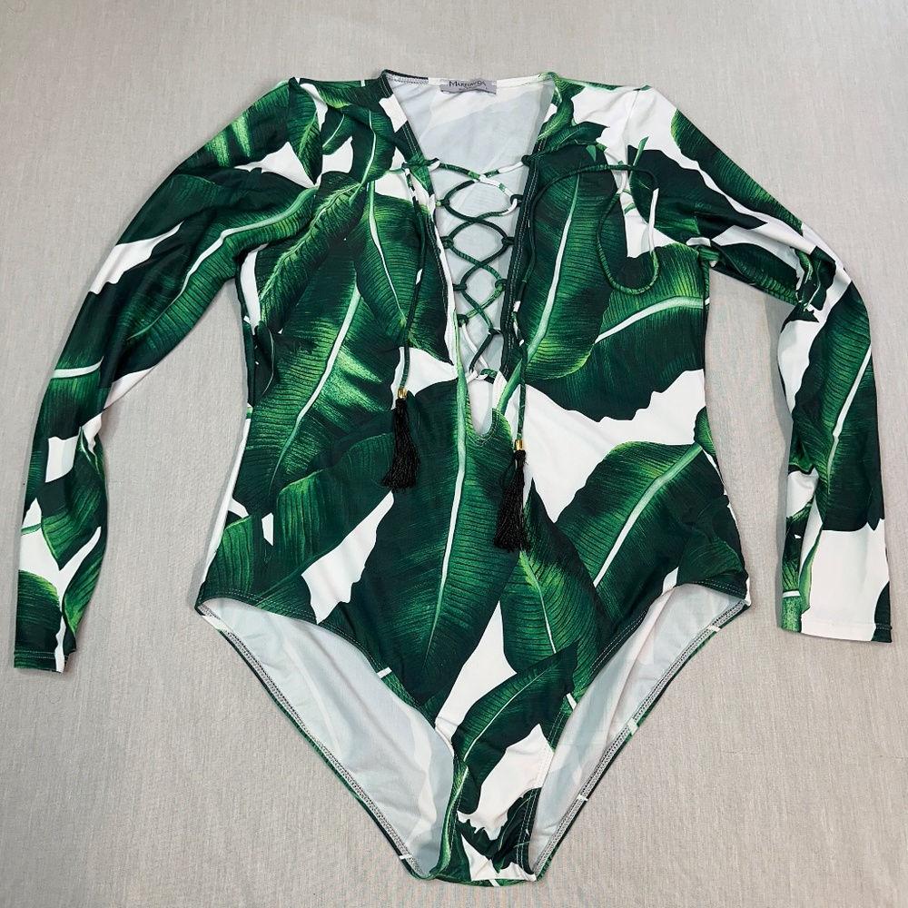MARINAVIDA Women One Piece Long Sleeve Swimsuit Deep V Neck Tropical Large